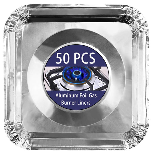 COCIDE 50 Pack Gas Burner Liners Aluminum Foil Square Stove Burner Covers Range Protectors Bib Liners Disposable Gas Burner Bibs Gas Top Liner Stove Aluminum Foil Drip Pans Easy Clean - (8.5" Square)